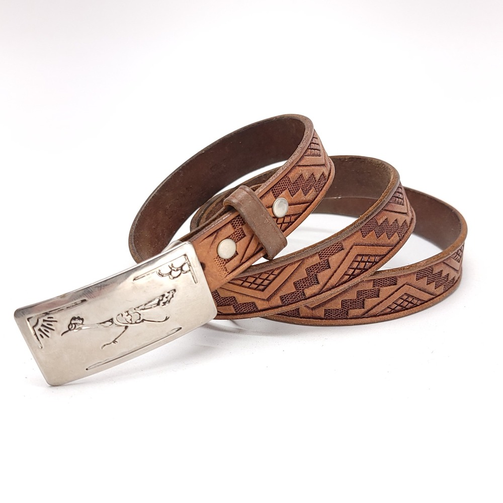 Vintage Covered Wagon Tooled Leather Belt 38 Brown Roadrunner Buckle 1in Wide